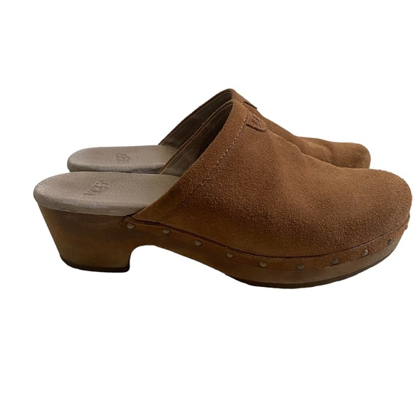 Ugg suede tan leather clogs mules slides wooden chunky heel shearling lining - Picture 6 of 10
